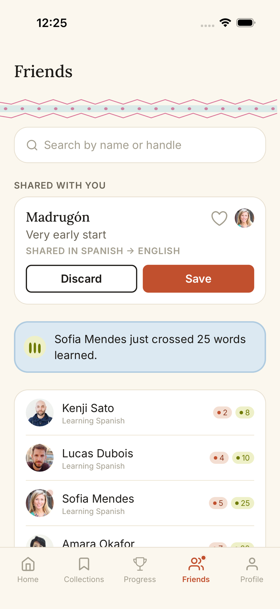 Metis friends screen with a shared word and challenge scores